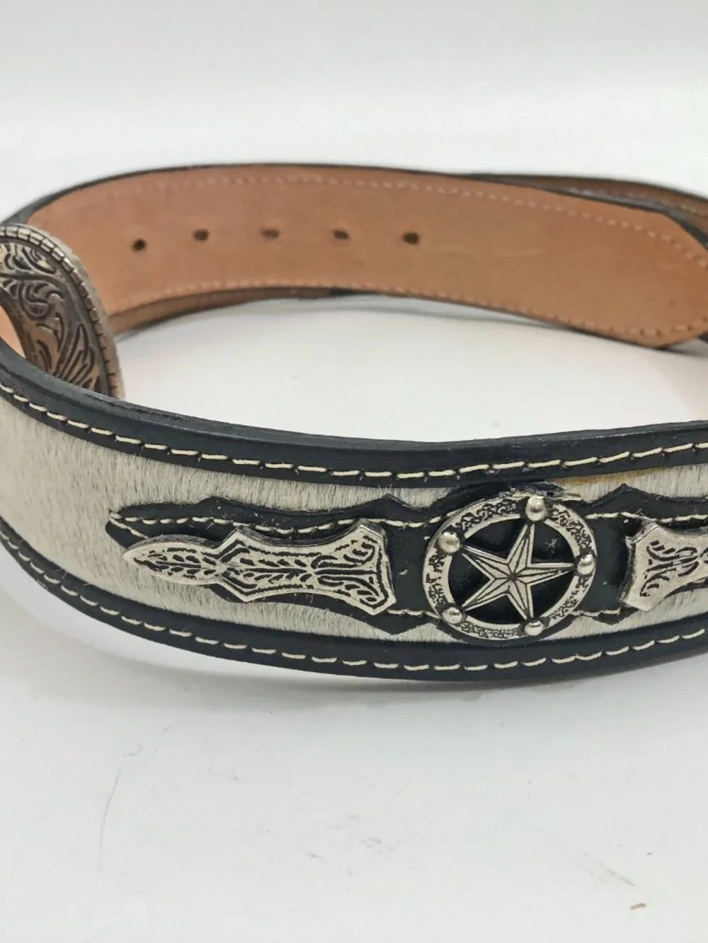 Leather Men's Women's Western Belt with Silvertone Buckle & Silvertone Accents